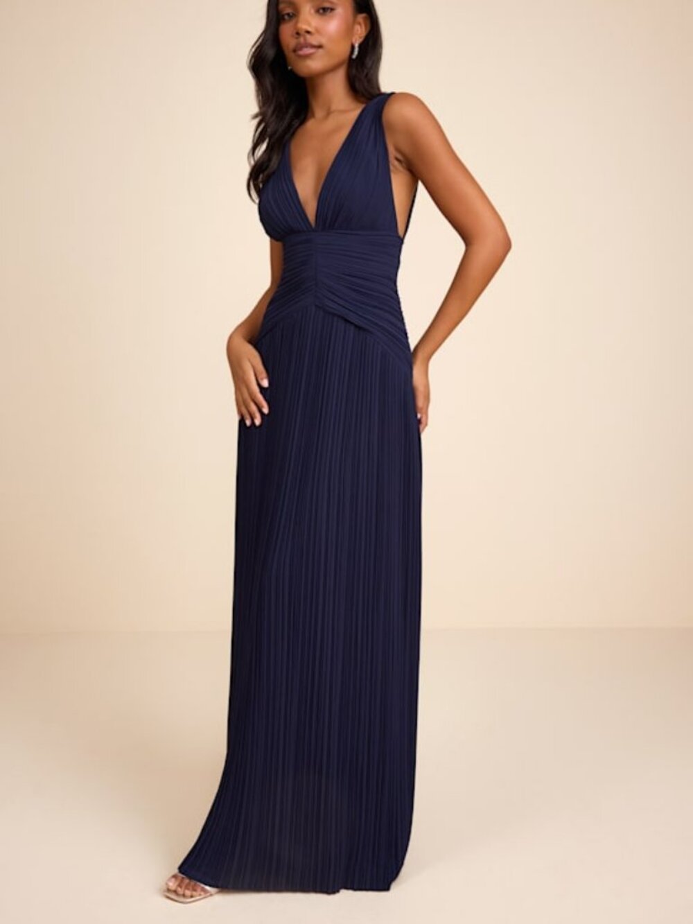 Lulus Kelina Navy Blue Pleated Drop Waist Maxi Dress - Size S
